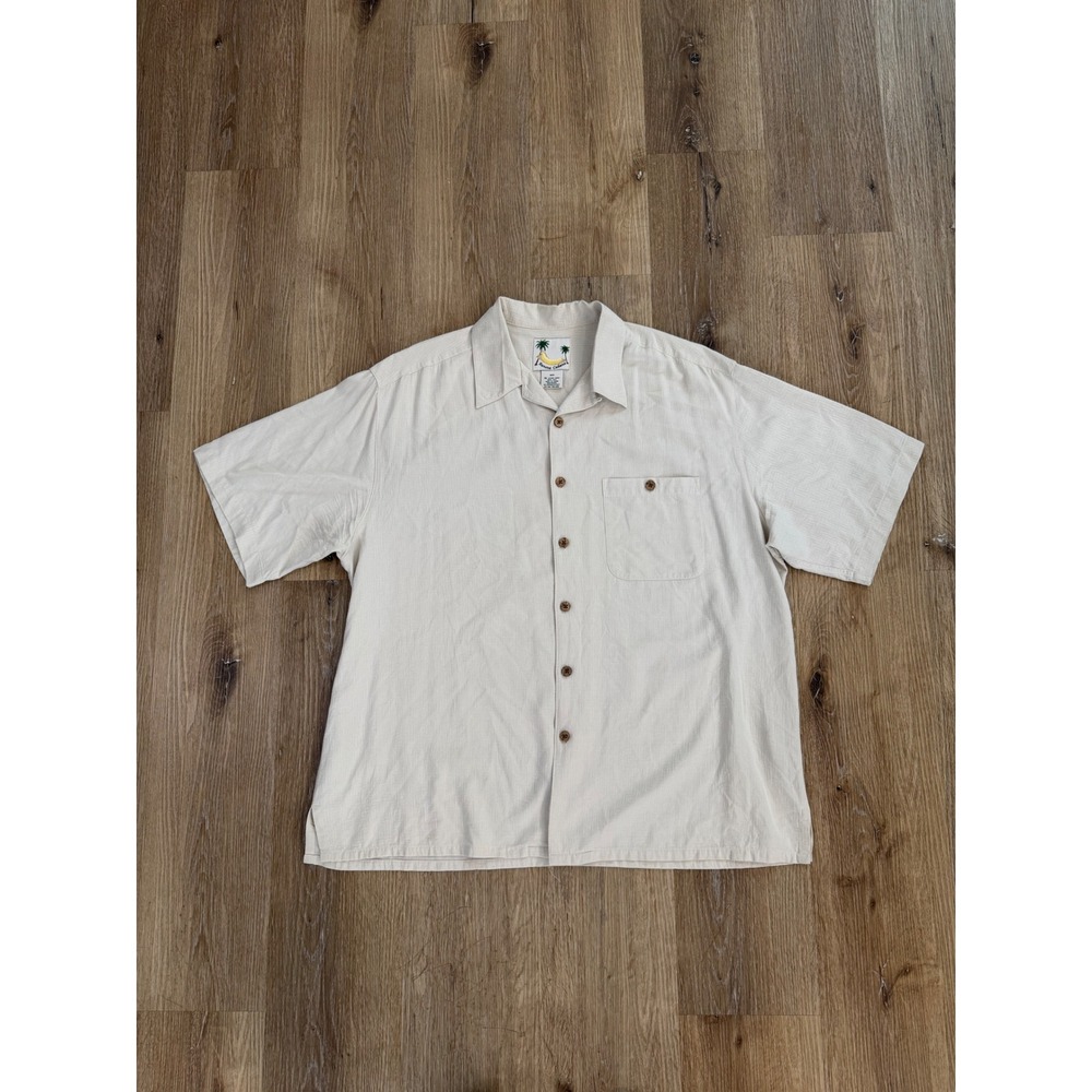 Banana Cabana‎ Old Money Silk Button Up Shirt Mens XL Cream Geometric Jacquard